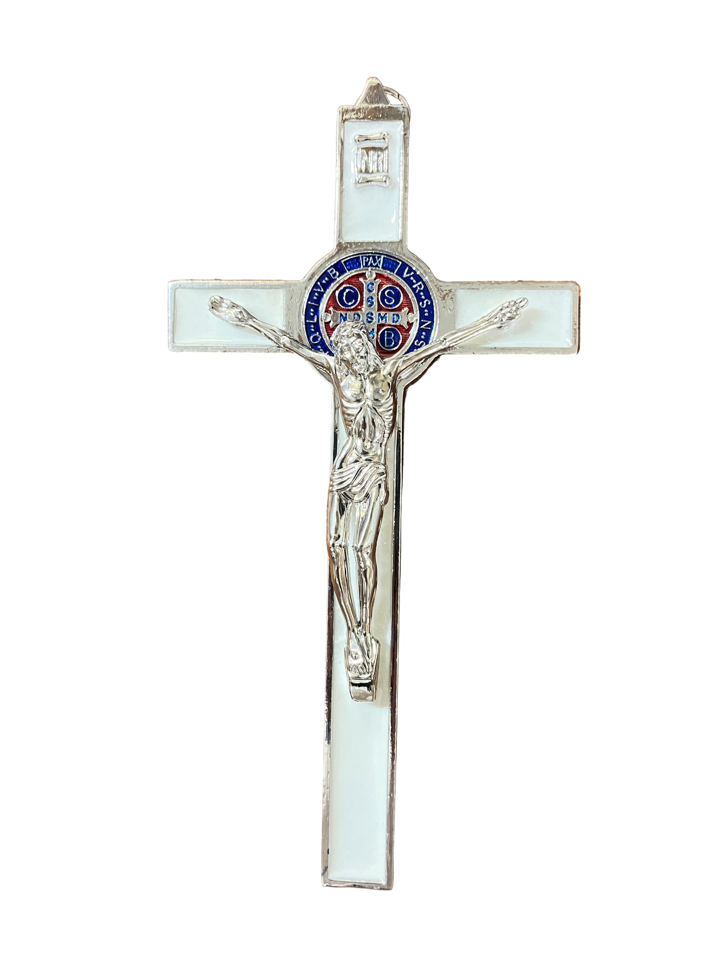 White enamel St. Benedict wall crucifix with silver Christ figure and multicolor Benedict medal at center