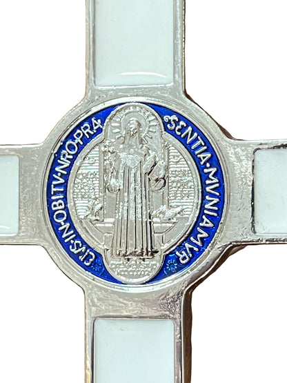 White enamel St. Benedict wall crucifix with detailed multi-color Benedict medal centerpiece close-up view