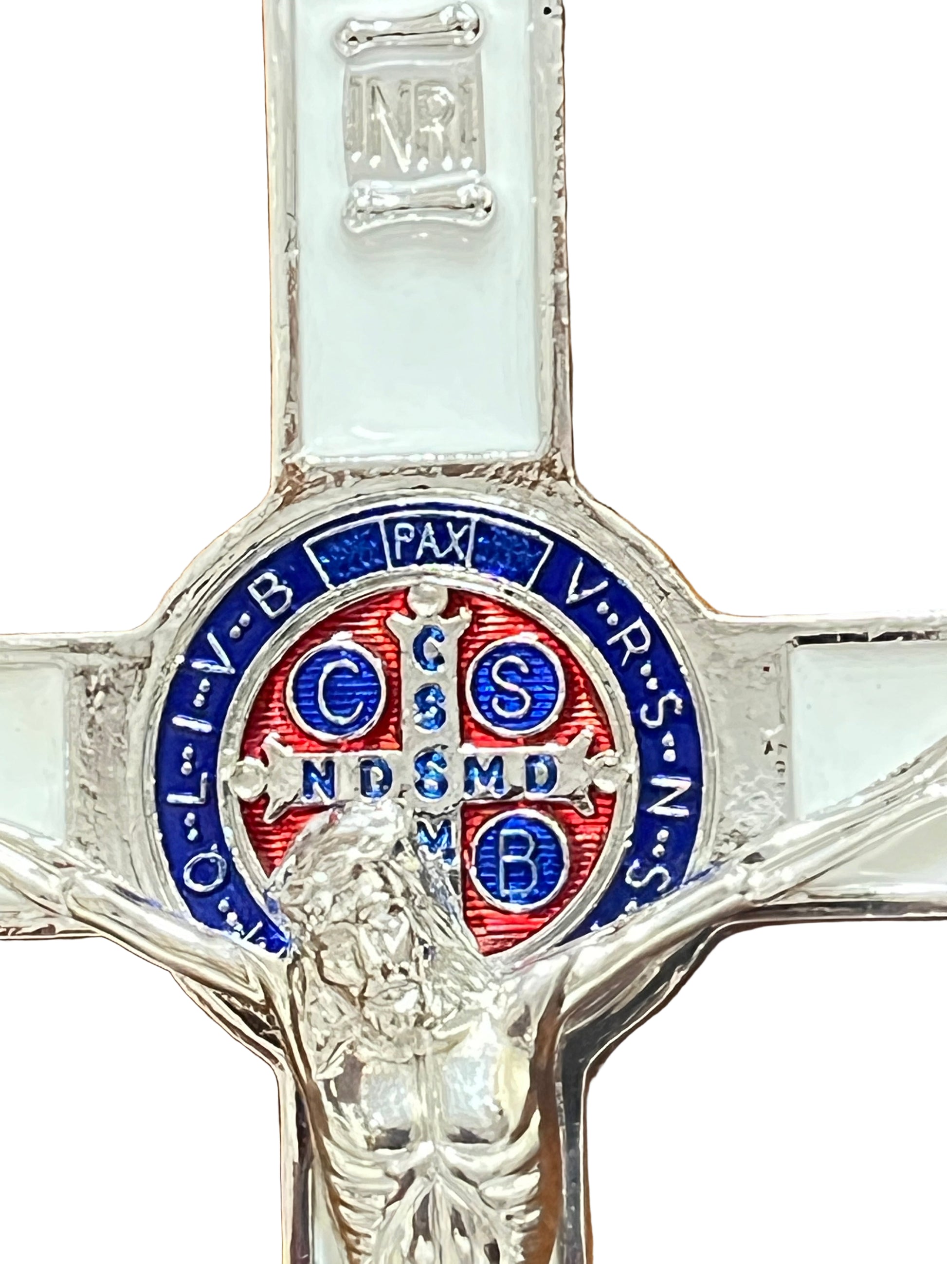 White enamel St. Benedict wall crucifix with multicolor medal and silver figure of Christ 7.5 inches tall