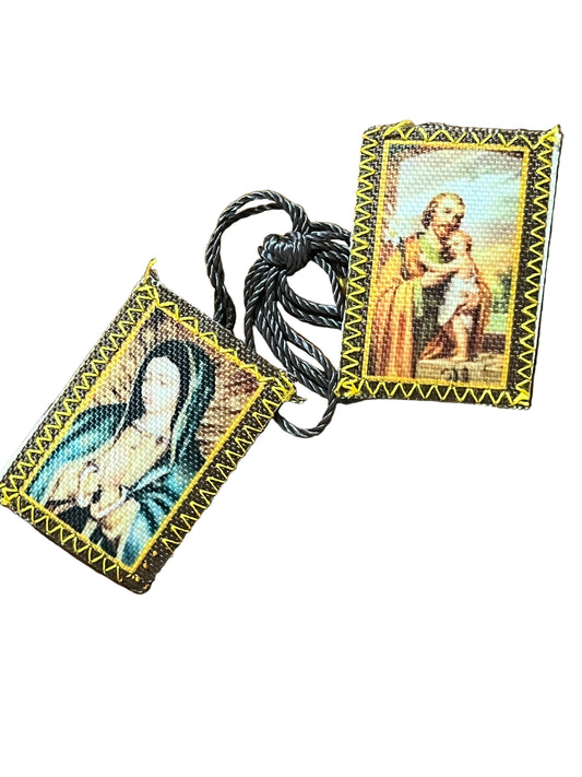 Brown scapular with images of St. Joseph holding Jesus and Our Lady of Guadalupe, edged with yellow stitching