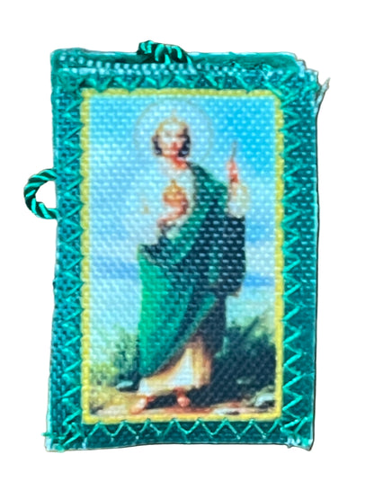Green scapular with image of Saint Jude holding a flame and Our Lady of Guadalupe in green border embroidery