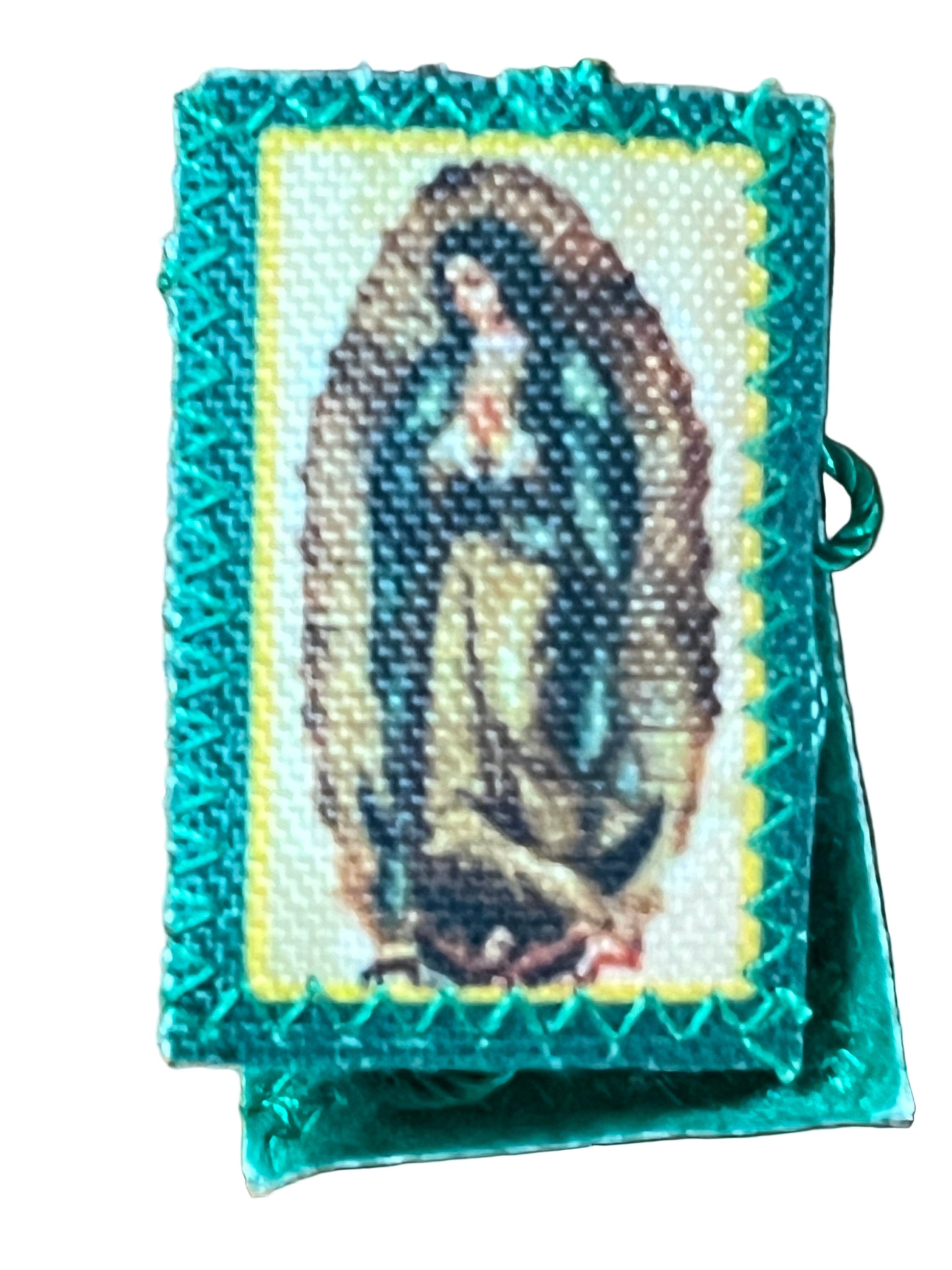 Green scapular featuring embroidered image of Our Lady of Guadalupe with turquoise border stitching