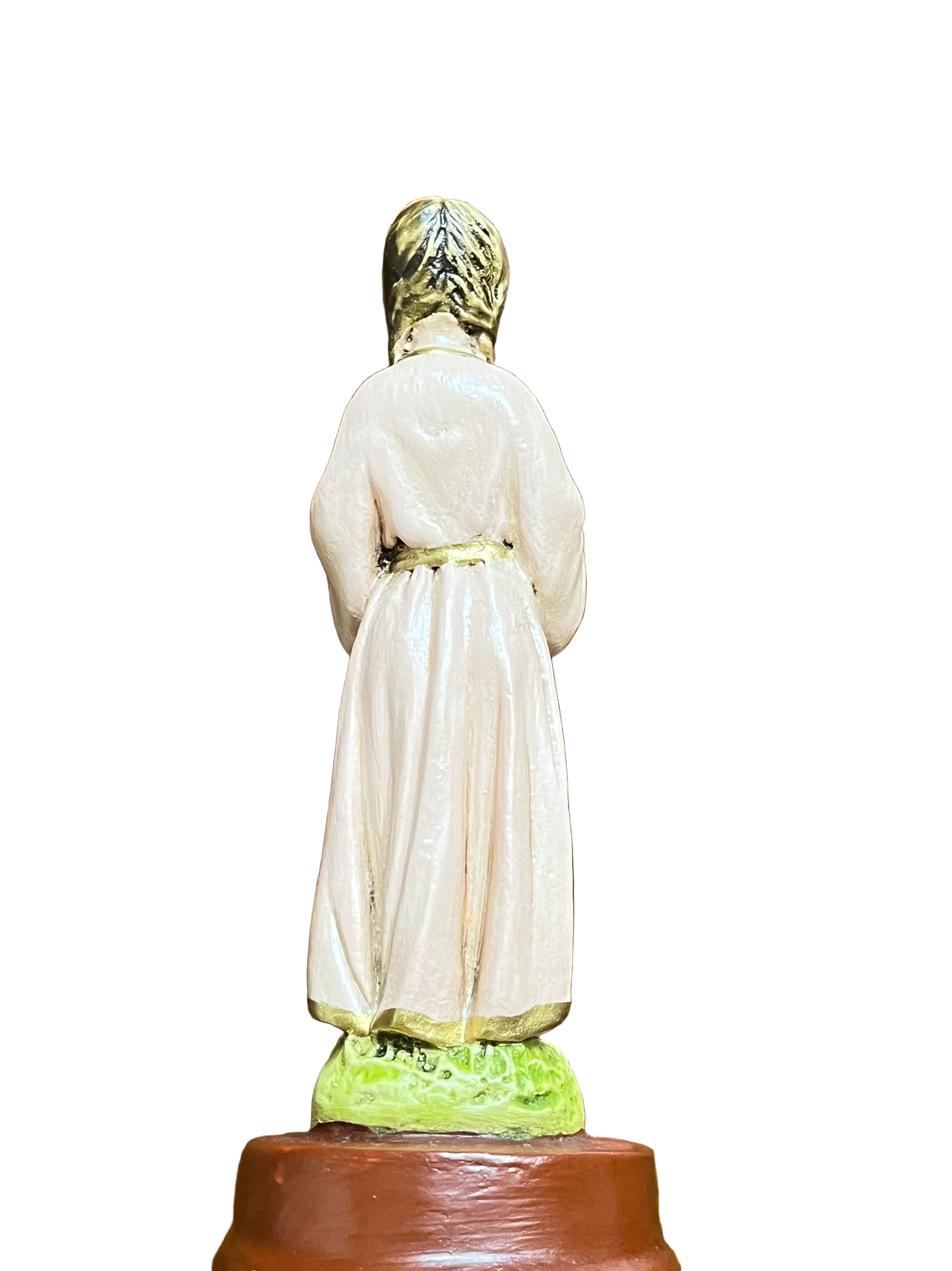5 1/2" Child Mary statue in white robe with gold accents standing on green and brown base, rear view detailed craftsmanship