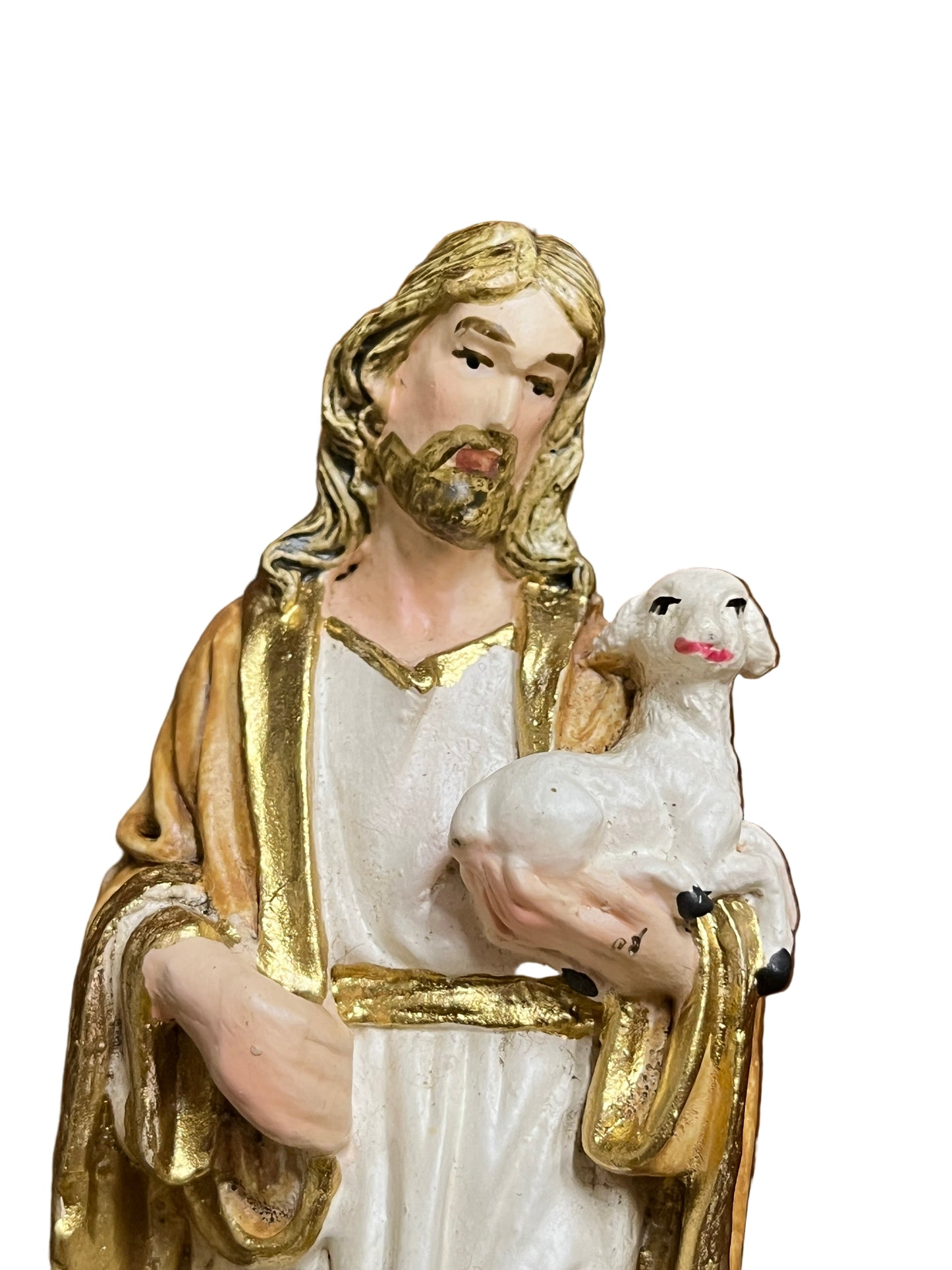 5" statue of the Good Shepherd holding a white lamb, hand painted with gold and white robes on white background