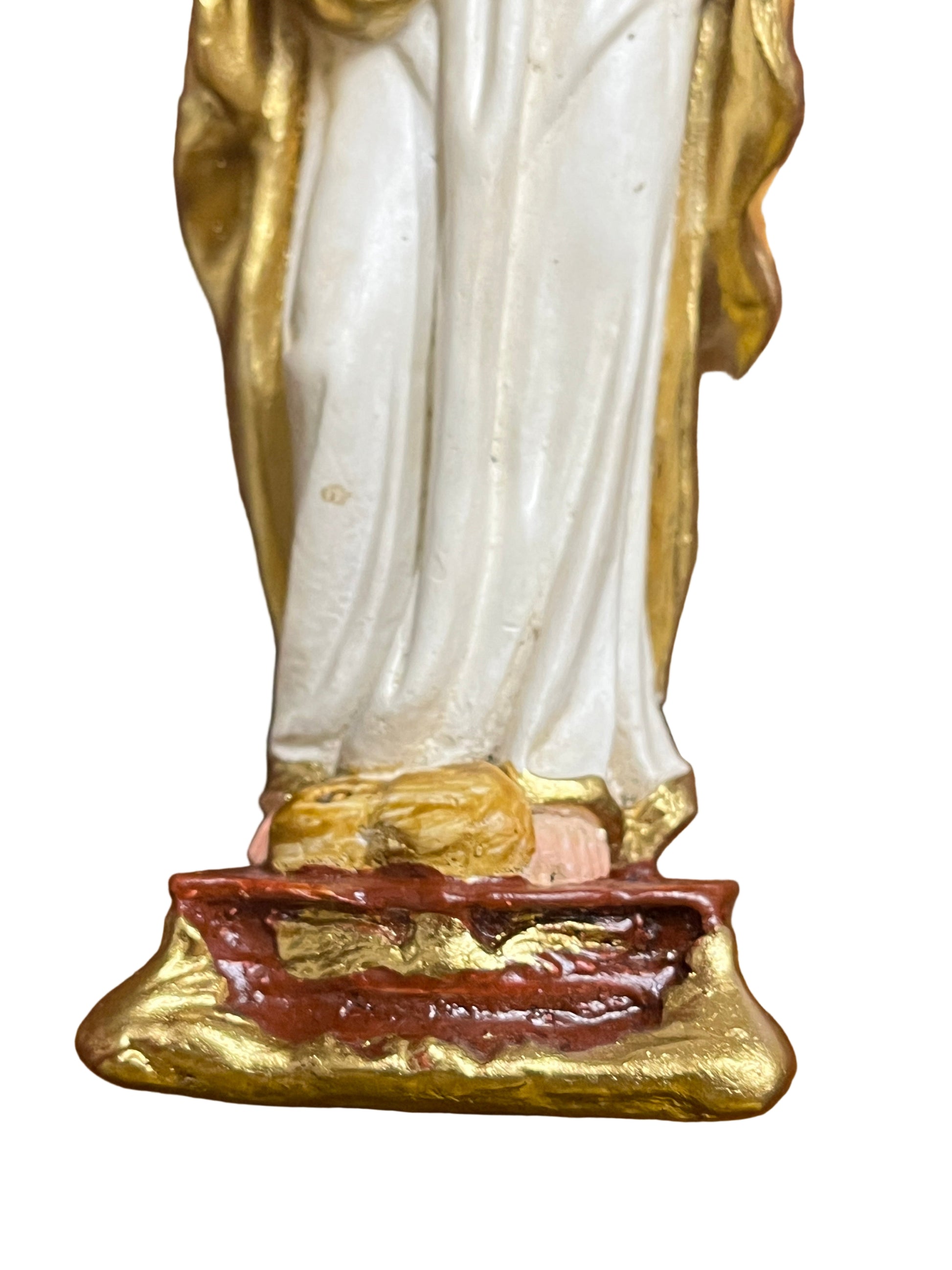 Base of 5" Good Shepherd statue with gold-trimmed robe and lamb resting on detailed brown and gold platform