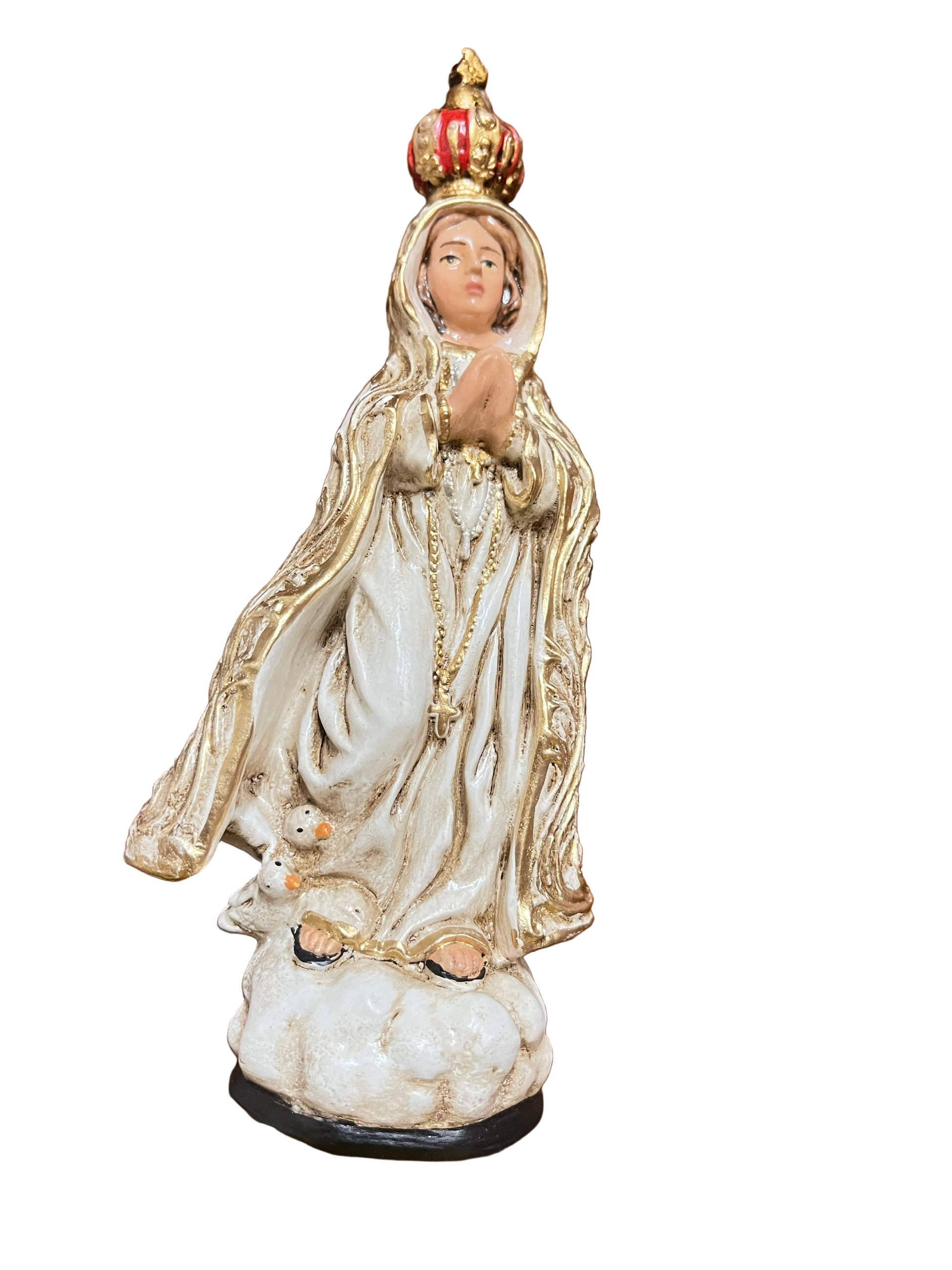 6” Our Lady of Fatima statue with gold-trimmed white robe and red crown standing on cloud base handcrafted in Colombia
