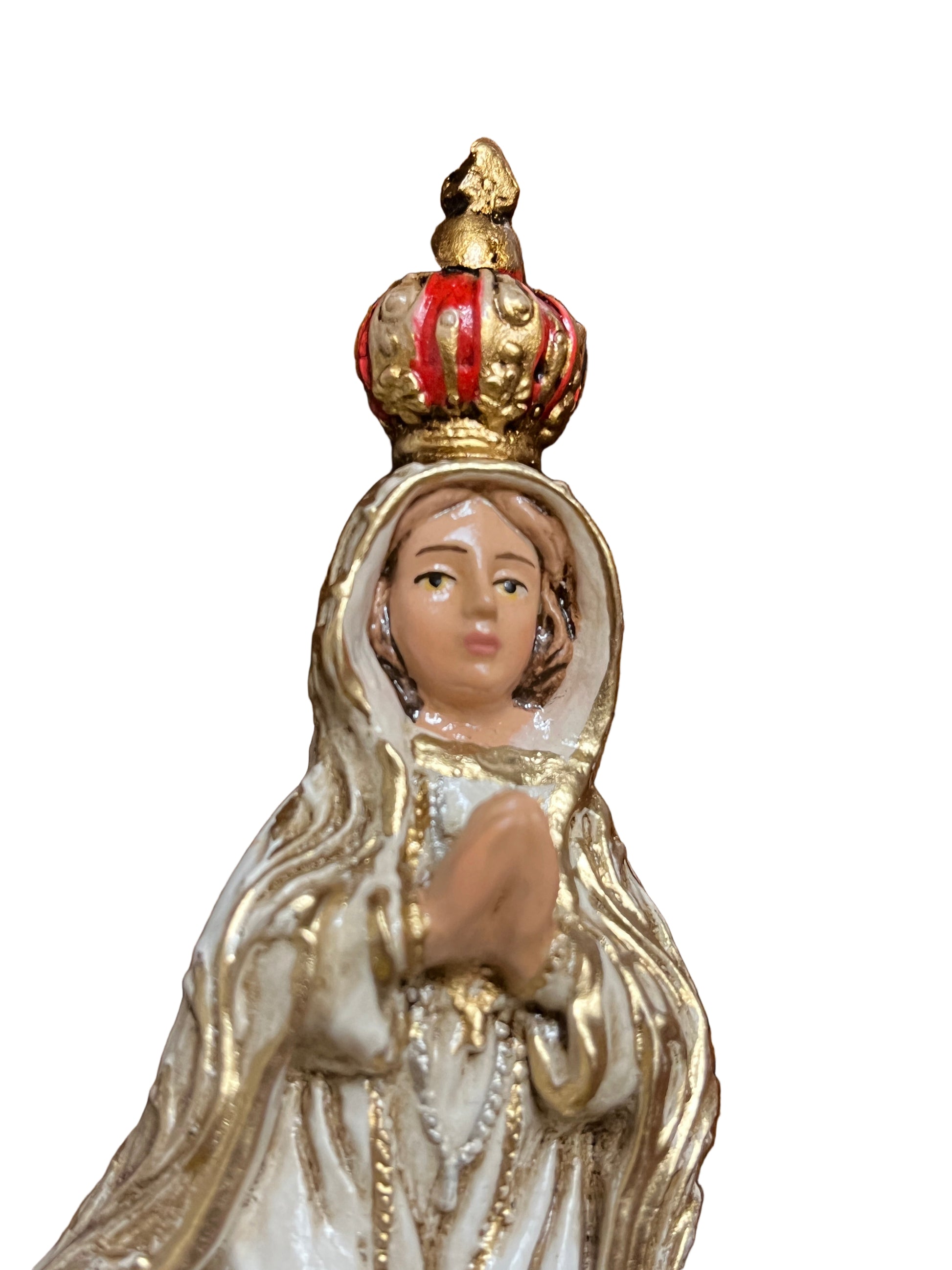 6" statue of Our Lady of Fatima crowned wearing white and gold robes with hands joined in prayer