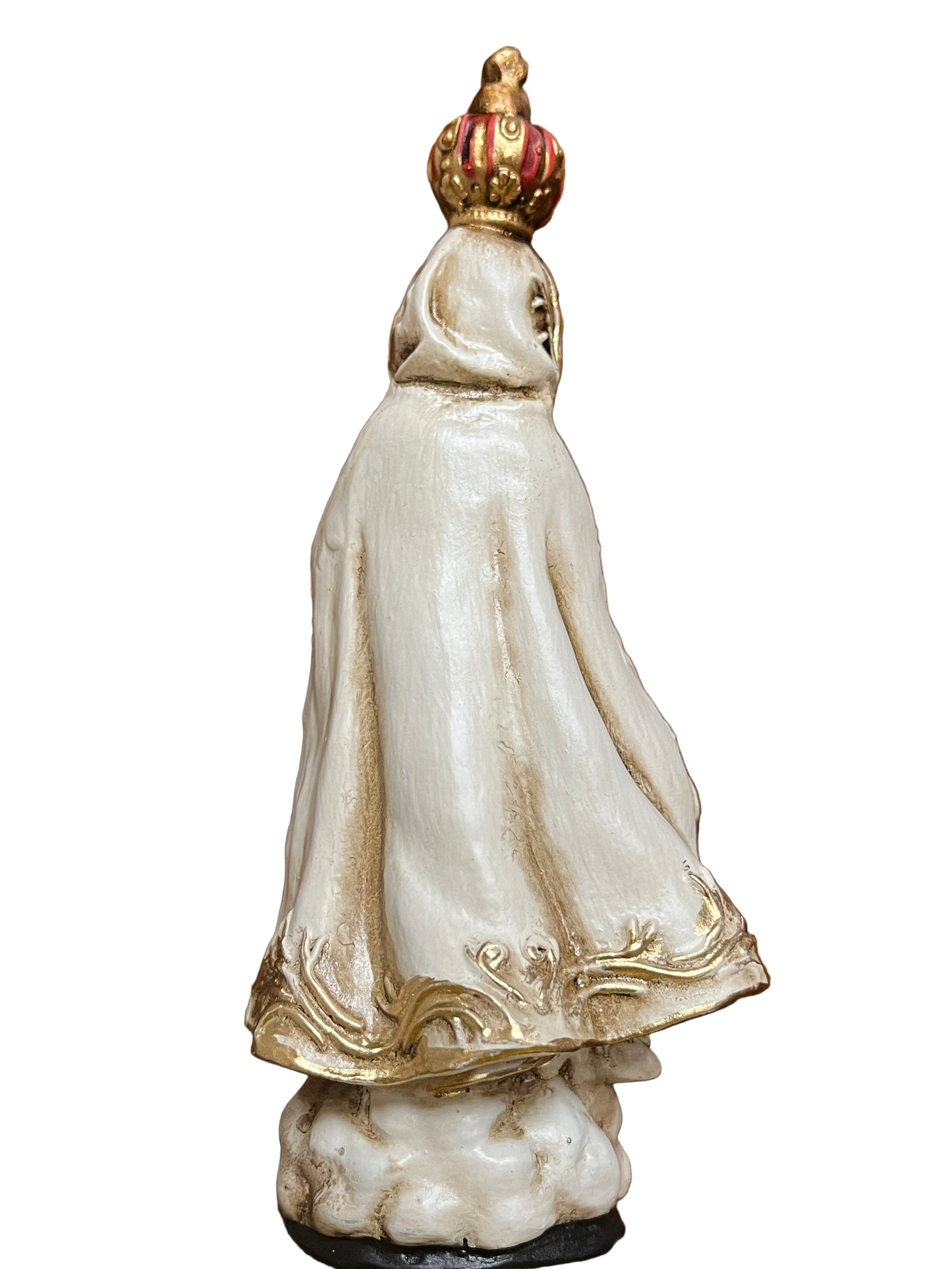 6" Our Lady of Fatima statue with white and gold detailed robe and red and gold crown, viewed from the back