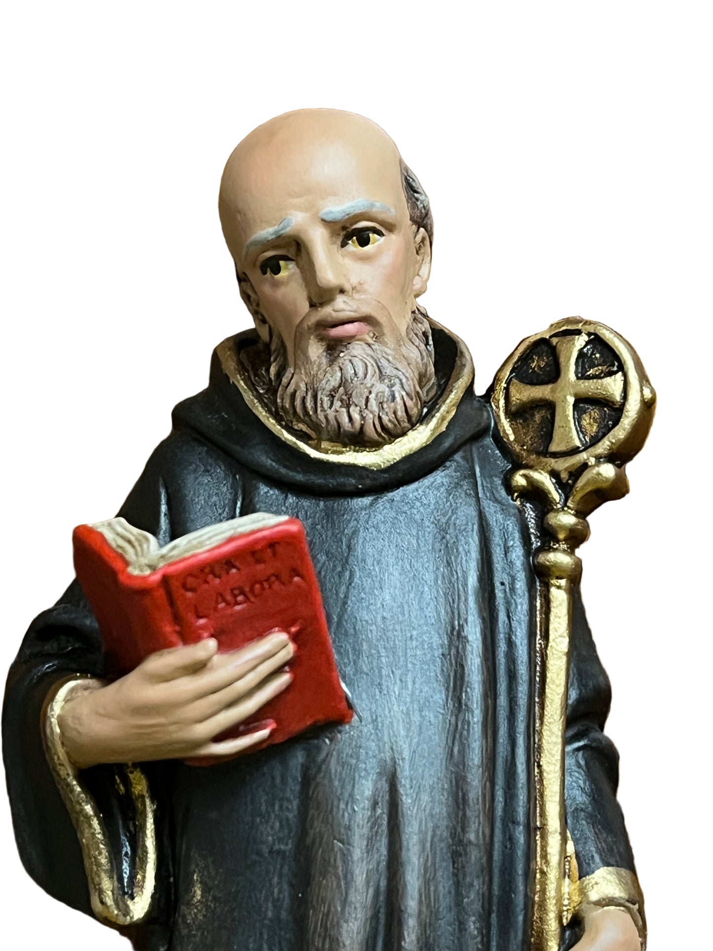 6 1/2" hand painted St. Benedict statue holding red book and staff, detailed beard and black robe with gold trim