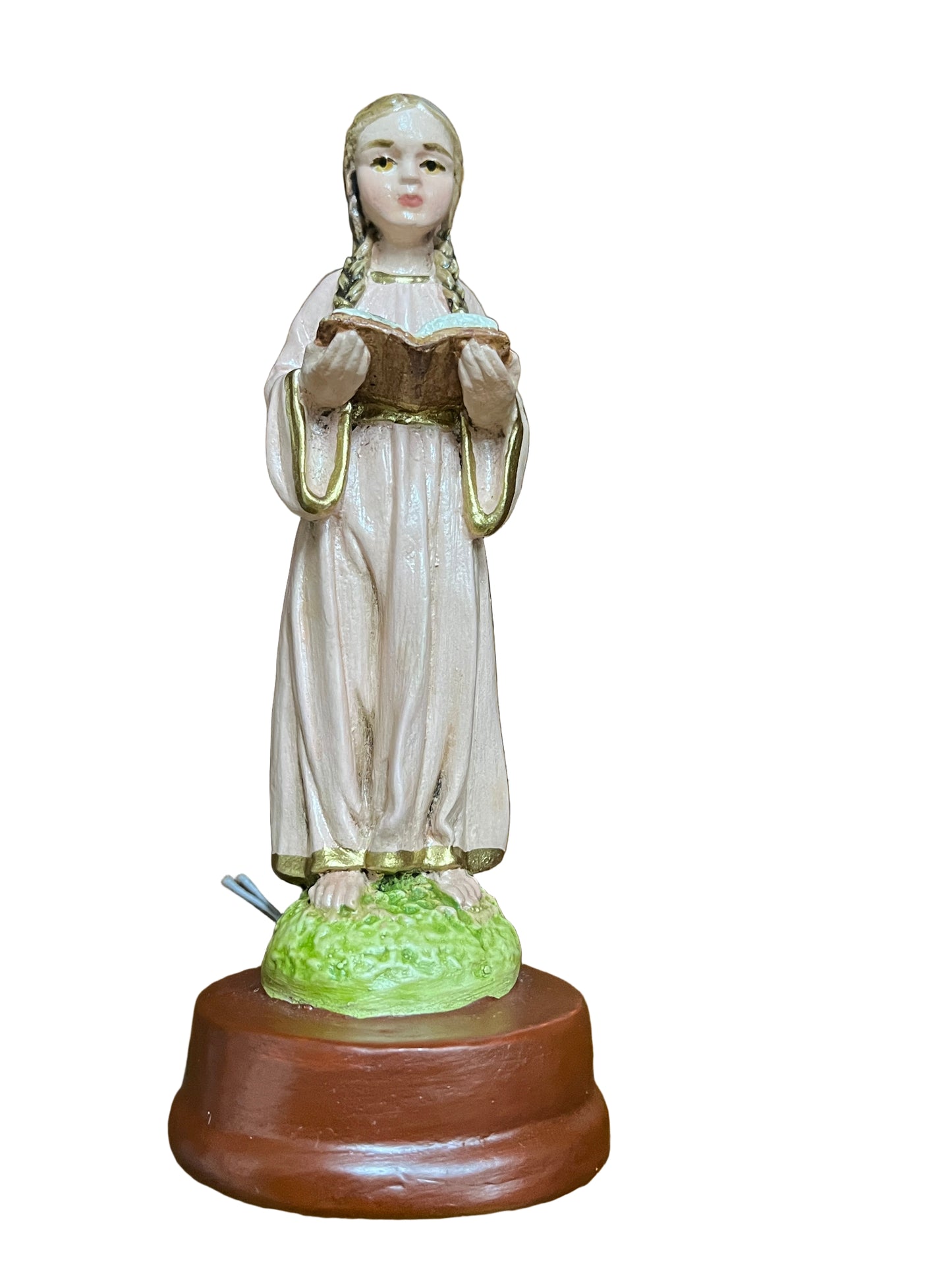 Hand-painted Child Mary statue standing on green base, holding an open book, with gold-trimmed white robe