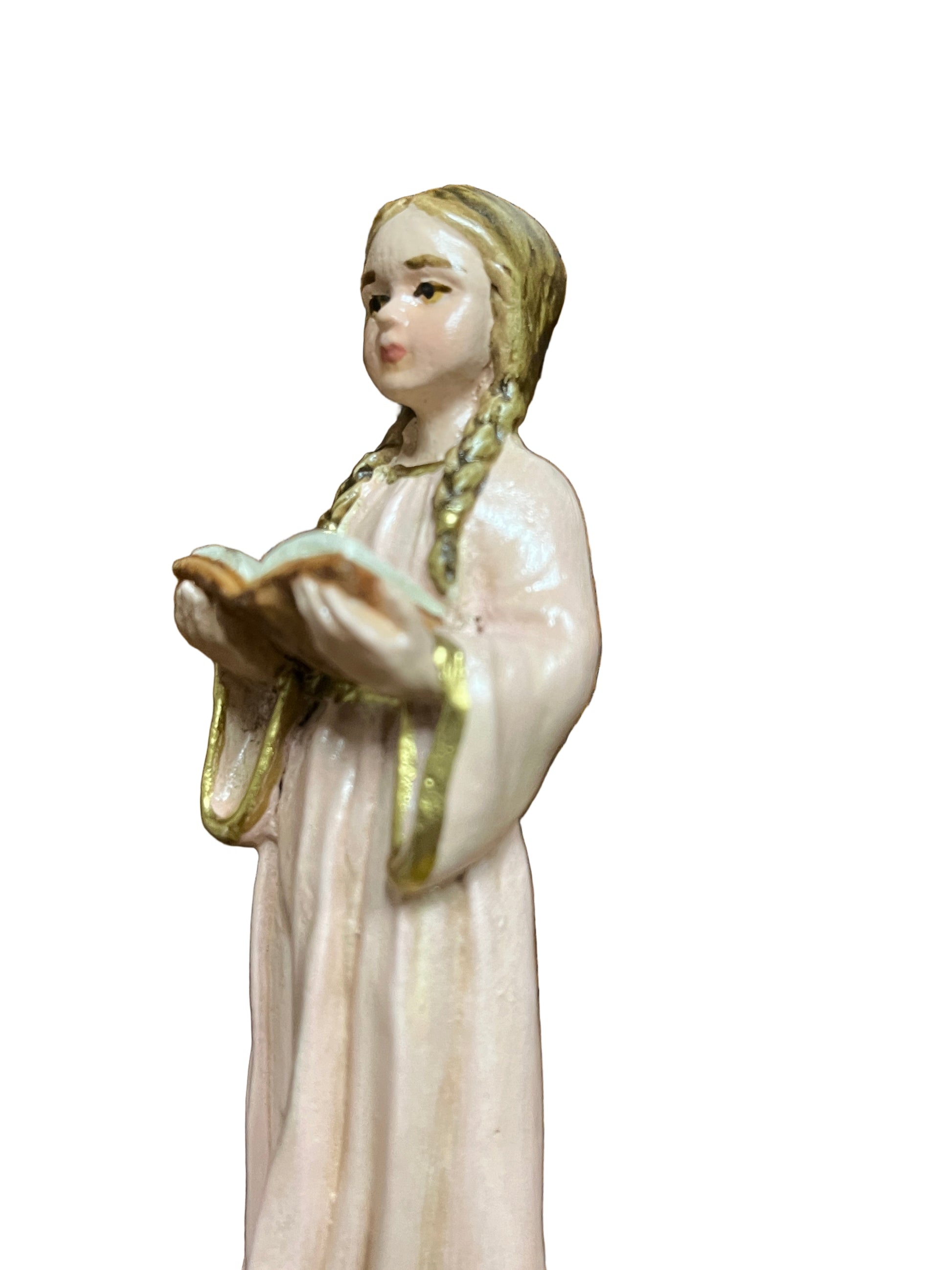 5-1/2" Child Mary statue holding open book with pink robe and gold trim on white background