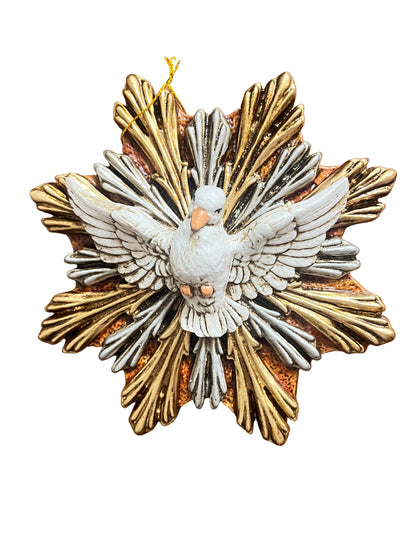 Hand painted 7-inch wall plaque featuring white Holy Spirit dove with gold and silver decorative rays background