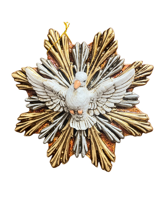 Hand painted 7-inch wall plaque featuring white Holy Spirit dove with gold and silver decorative rays background