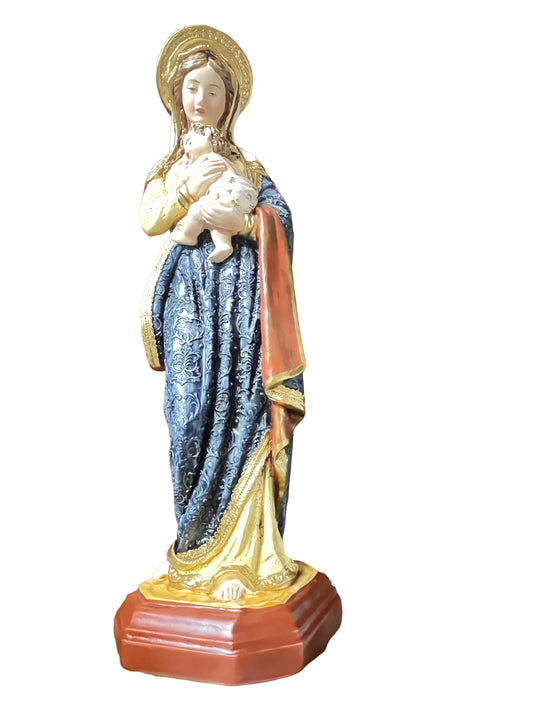 16" hand-painted Our Lady of Good Health statue with gold accents and blue and red robes on decorative base