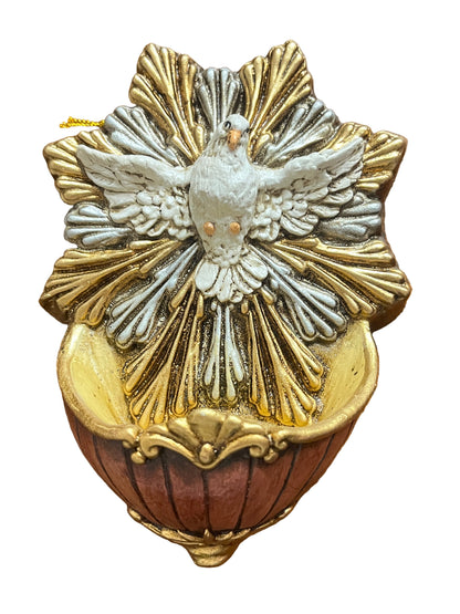 Hand-painted Holy Spirit holy water font with white dove and gold and silver decorative background, made in Colombia