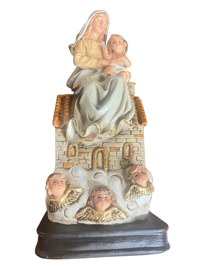 Hand-painted 12" Our Lady of Loretto statue with baby Jesus, angels, and stone house base on black pedestal