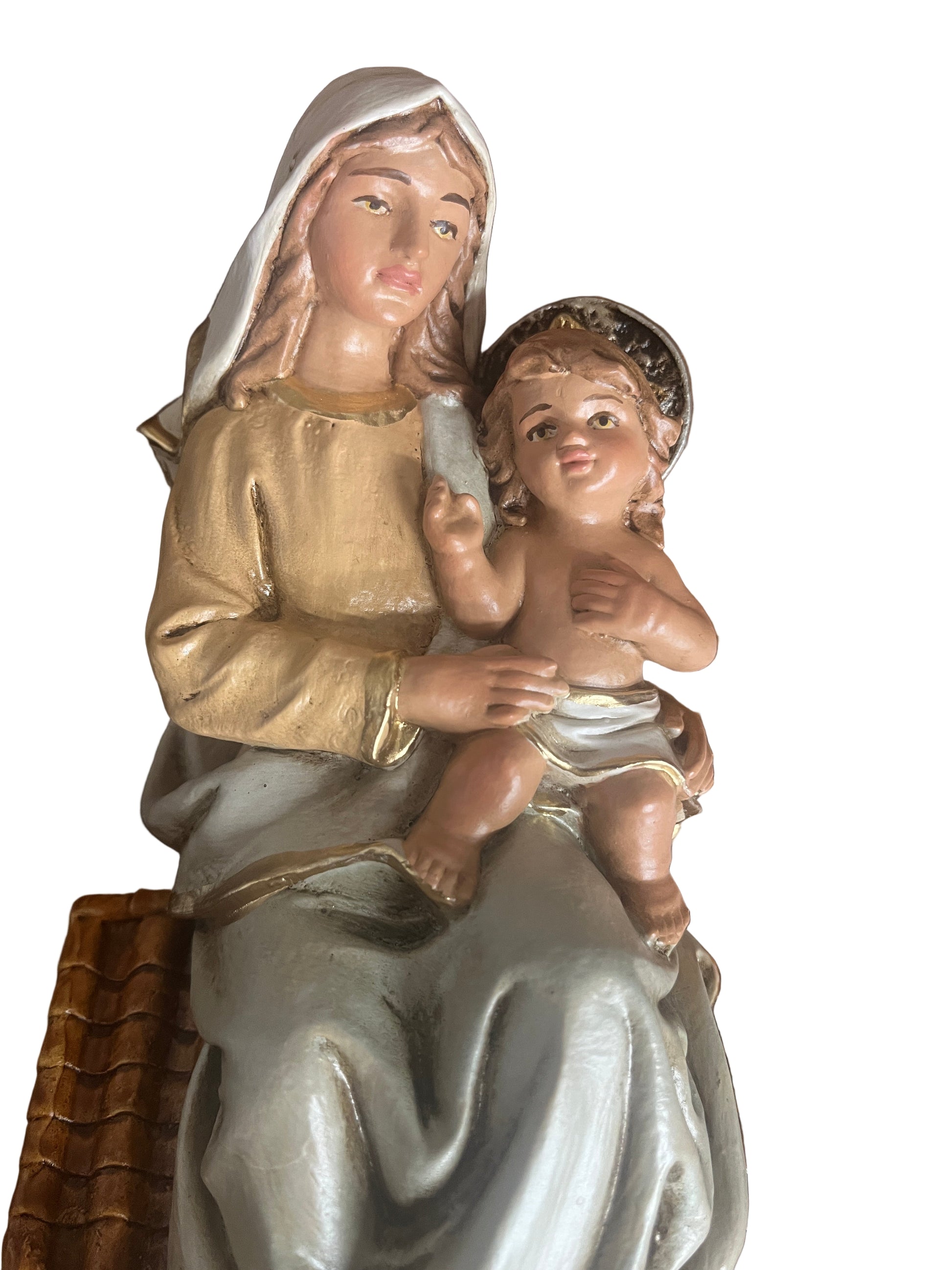 Hand-painted 12-inch Our Lady of Loretto statue with child Jesus, detailed robes and traditional craftsmanship