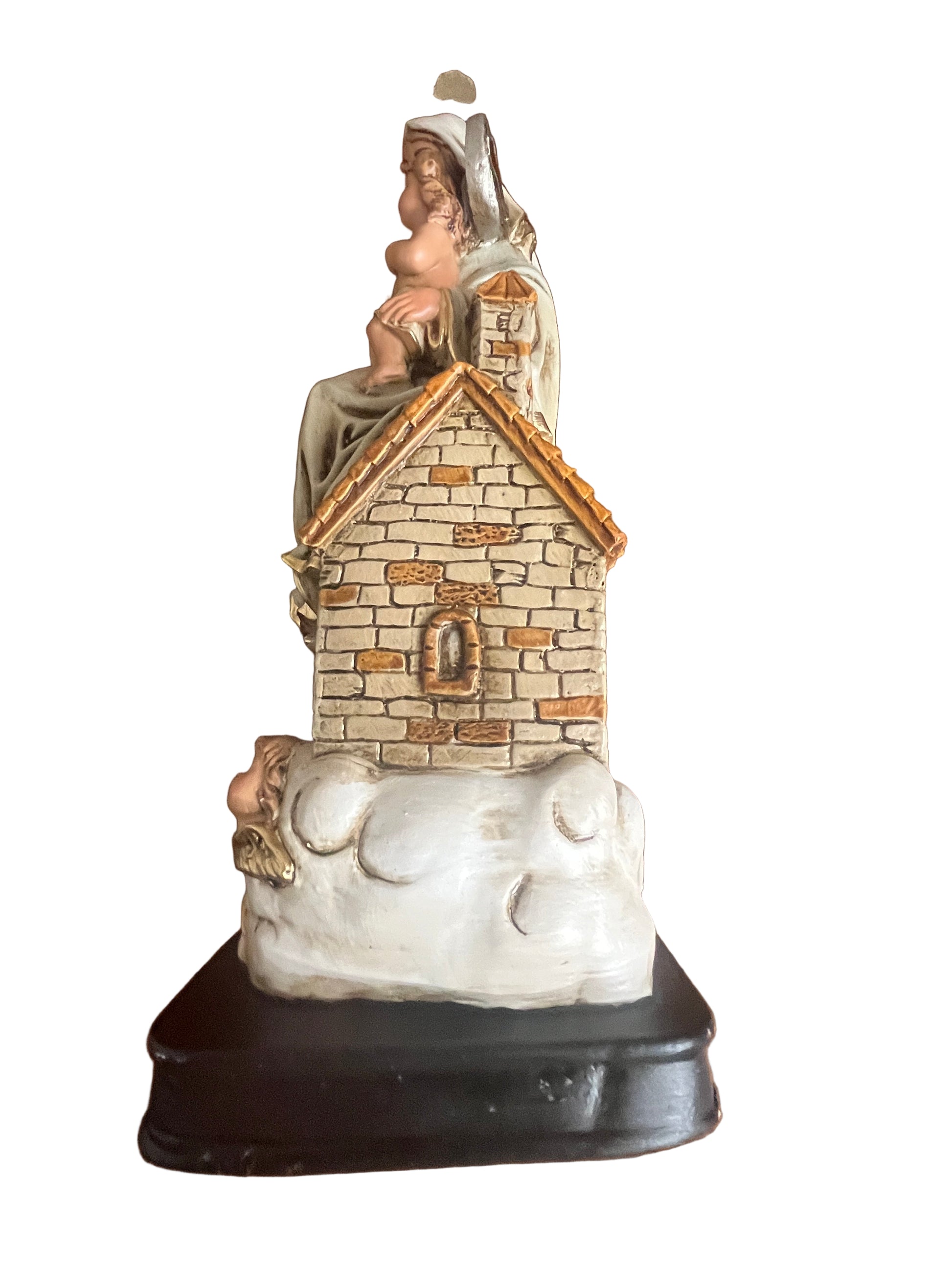 12" hand-painted Our Lady of Loretto statue on cloud base with detailed house and gold roof accents