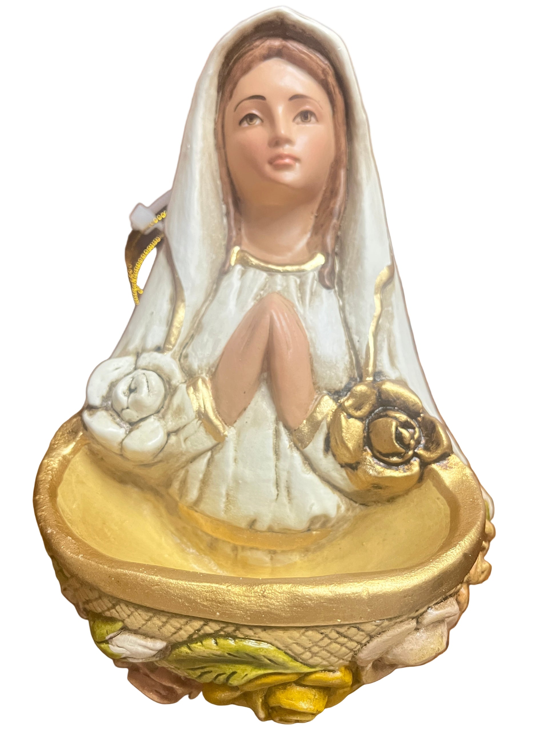 Hand-painted 5 1/2" Rosa Mystica holy water font with gold and white floral accents and detailed praying figure