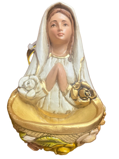 Hand-painted 5 1/2" Rosa Mystica holy water font with gold and white floral accents and detailed praying figure