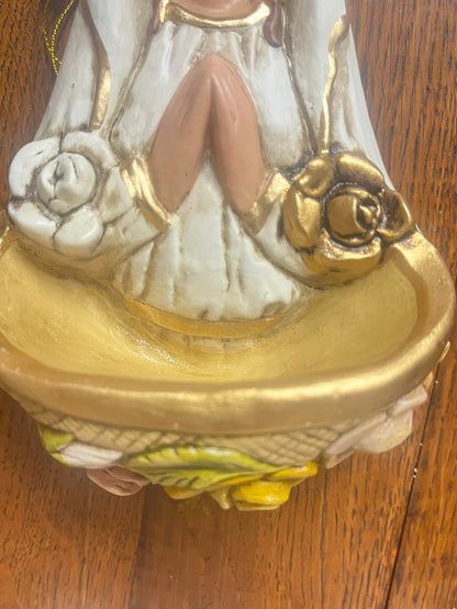 Hand-painted 5 1/2" Rosa Mystica holy water font with praying hands and gold and white rose accents on wood background