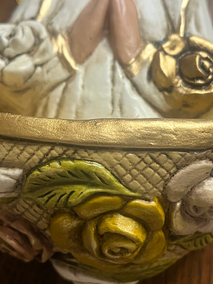 Close-up of hand-painted Rosa Mystica Holy Water Font showing detailed gold and white roses with green leaves