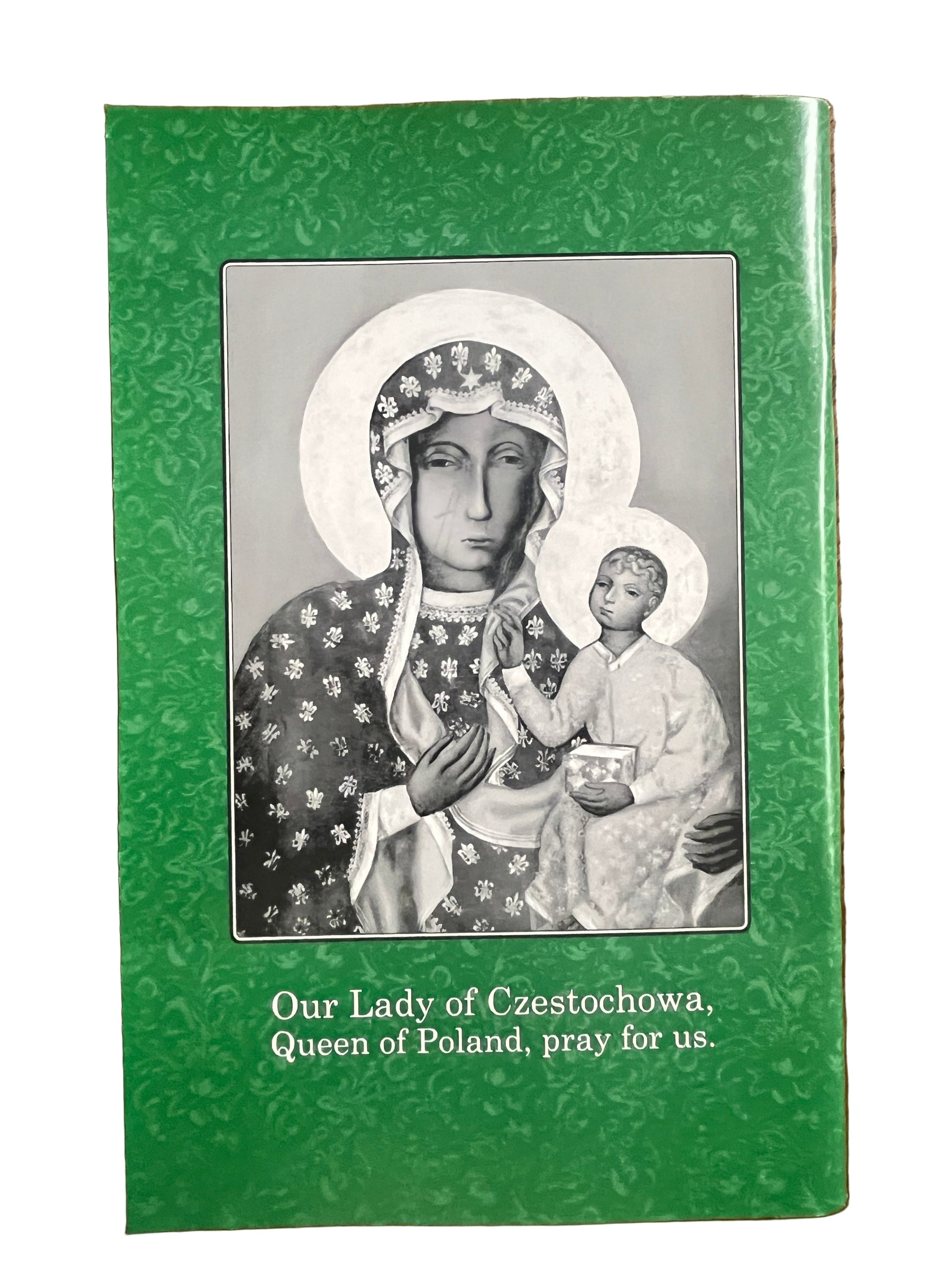 Large print Pieta prayer book with green cover featuring Our Lady of Czestochowa image and devotional prayers text