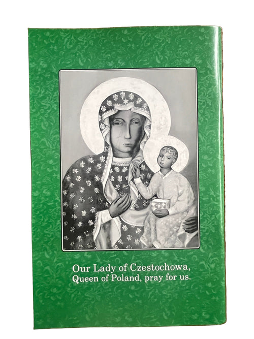 Large print Pieta prayer book with green cover featuring Our Lady of Czestochowa image and devotional prayers text