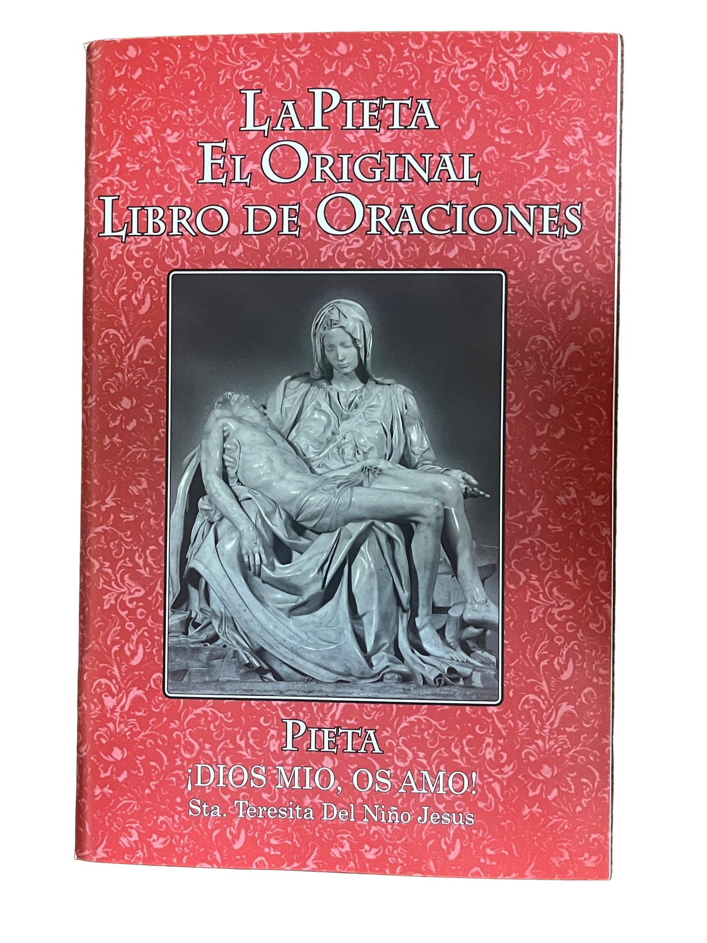 Red cover of La Pieta El Original Libro de Oraciones prayer book with black and white Pieta statue image on front