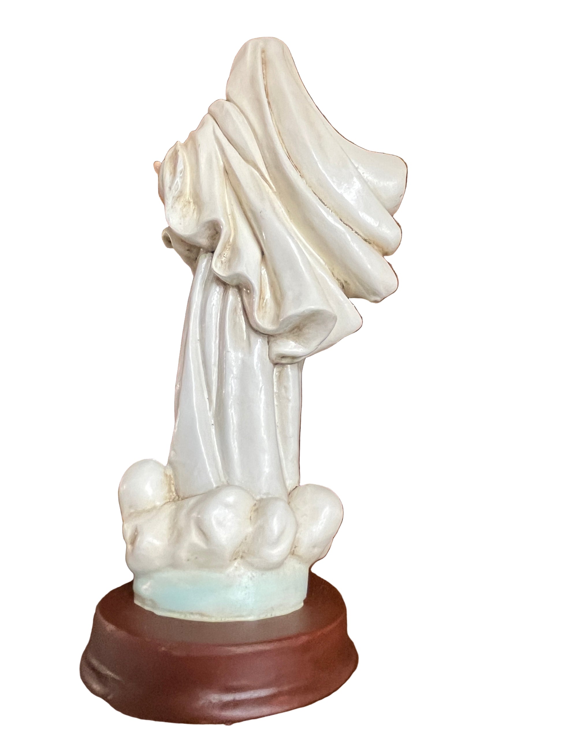 Hand-painted 8 1/2" Our Lady of Medjugorje statue with flowing robes on brown base crafted by Colombian artisans