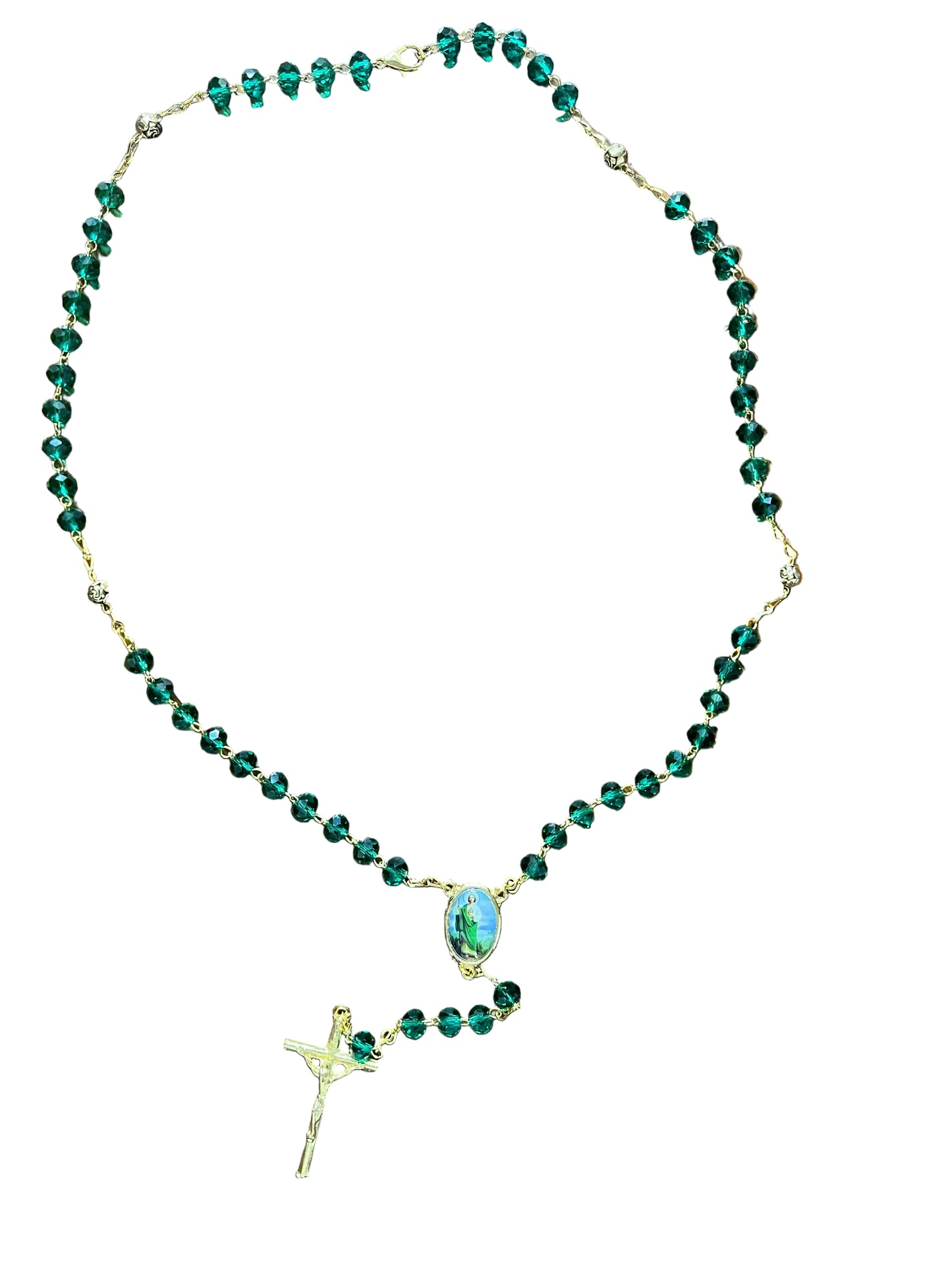 St. Jude Dark Green Crystal and Gold Rosary