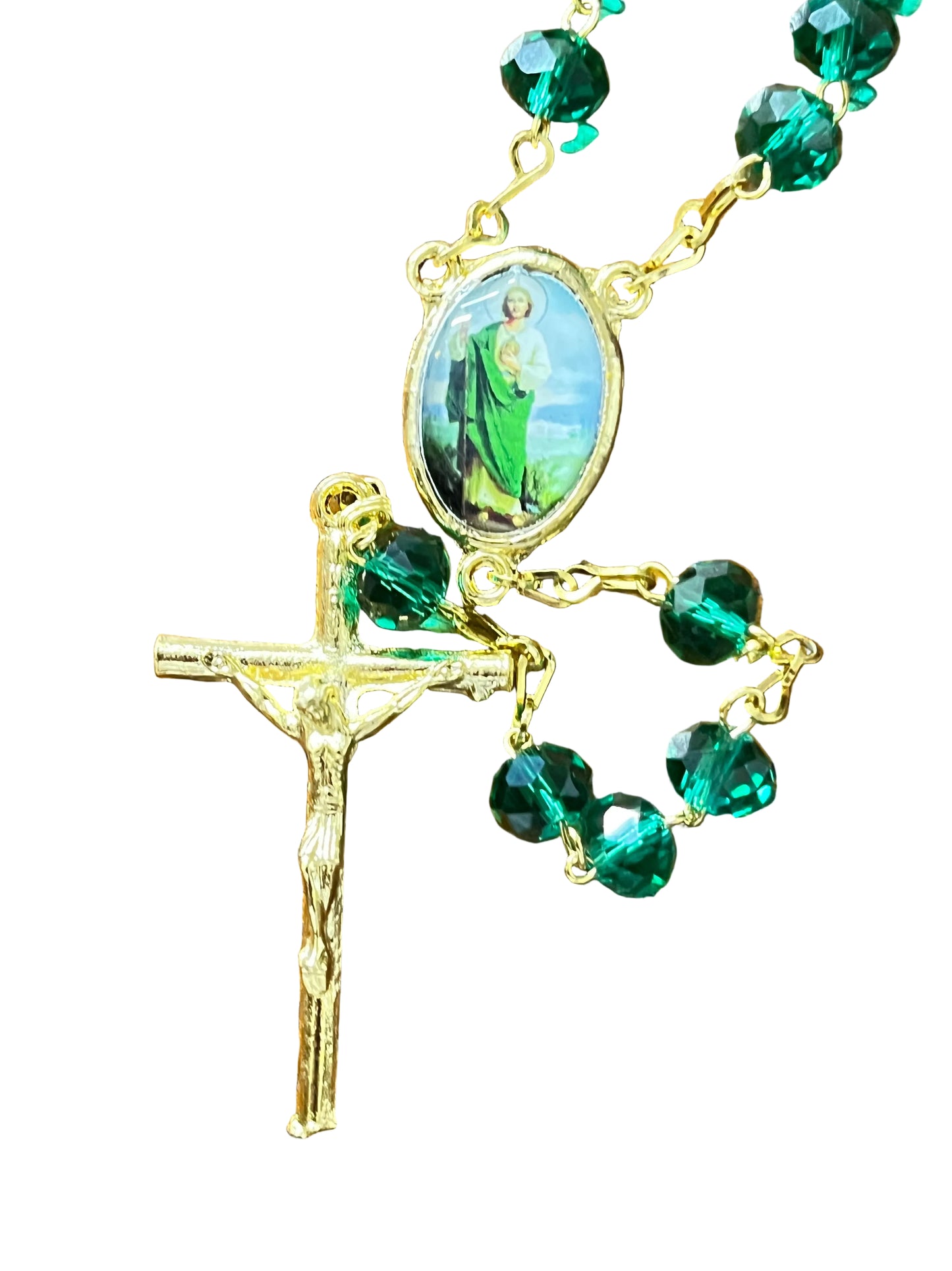 St. Jude Dark Green Crystal and Gold Rosary
