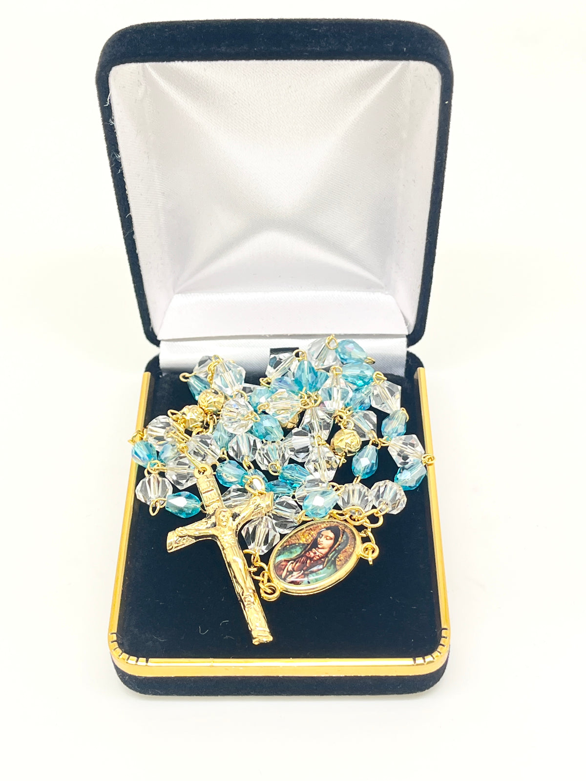 Our Lady of Guadalupe Light blue Crystal with Gold Rosary