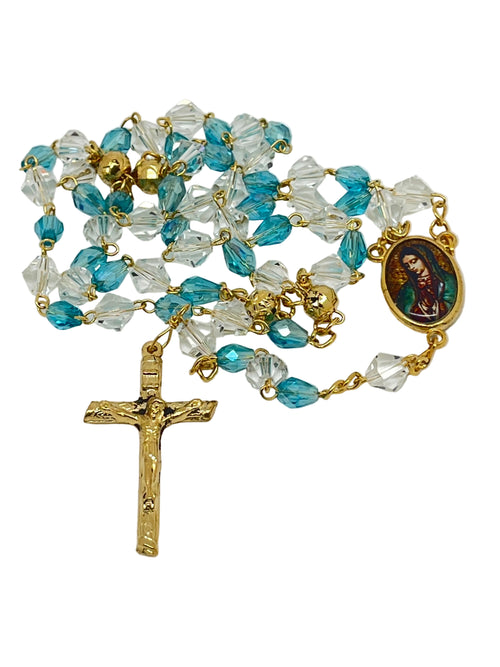 Our Lady of Guadalupe Light blue Crystal with Gold Rosary