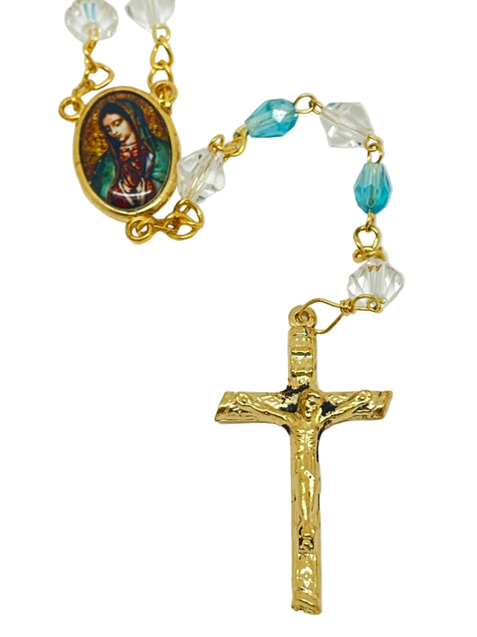 Our Lady of Guadalupe Light blue Crystal with Gold Rosary