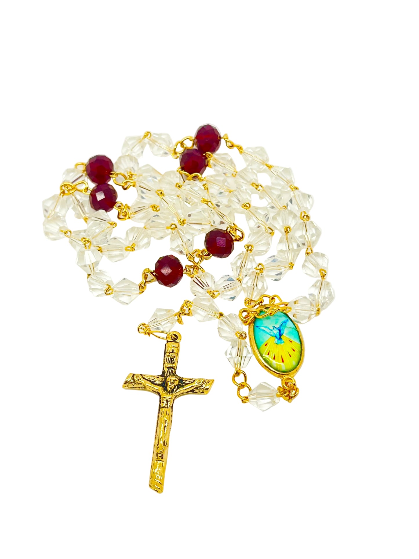 Holy Spirit Clear and Red Crystal with Gold Rosary