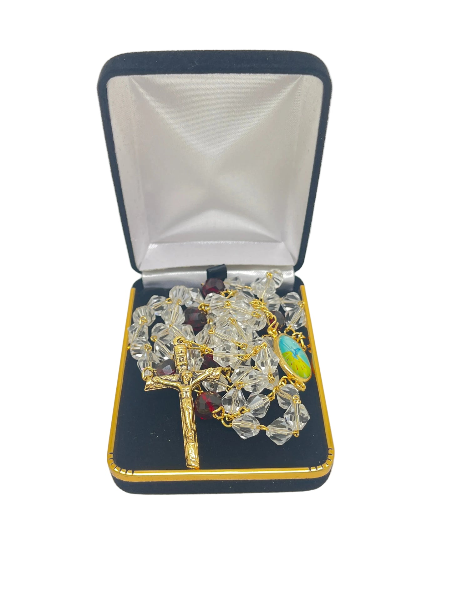 Holy Spirit Clear and Red Crystal with Gold Rosary