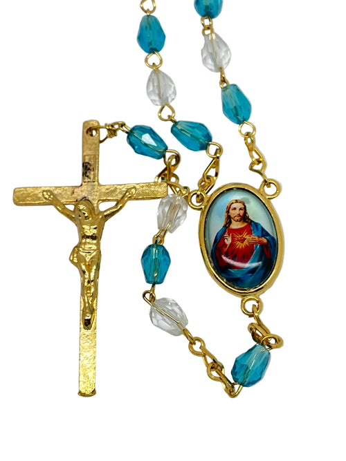 Sacred Heart of Jesus Rosary Detente Clear and Blue Crystal Rosary
