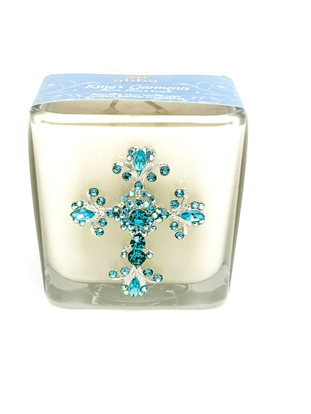 Kings Garments Blue Jeweled Cross Candle  3 1/2"