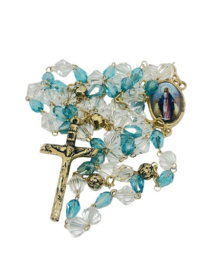 Our Lady of the Miraculous Medal Light  Blue and Clear Crystal Rosary