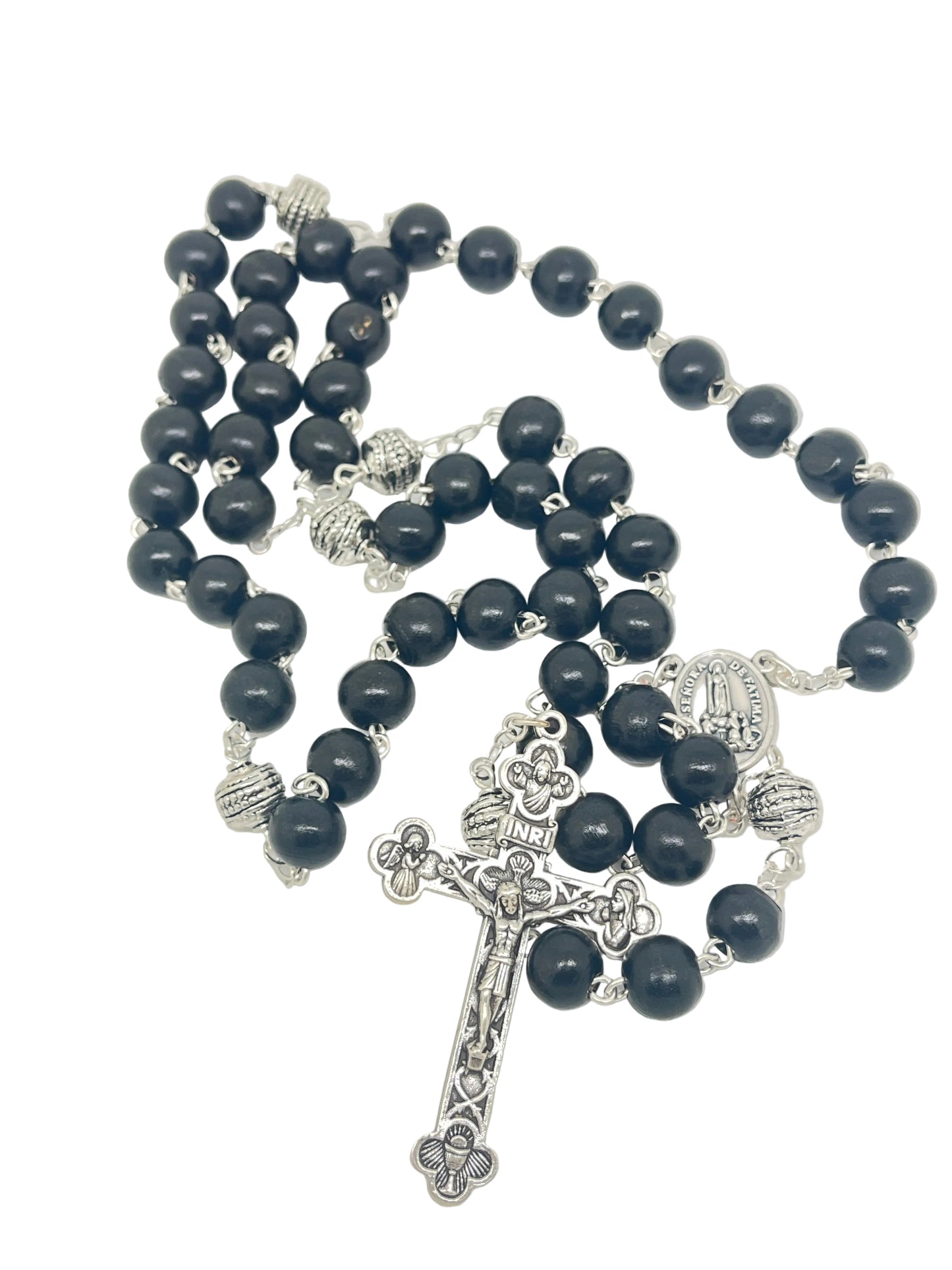 Silver Accented Black Fatima Wood Rosary