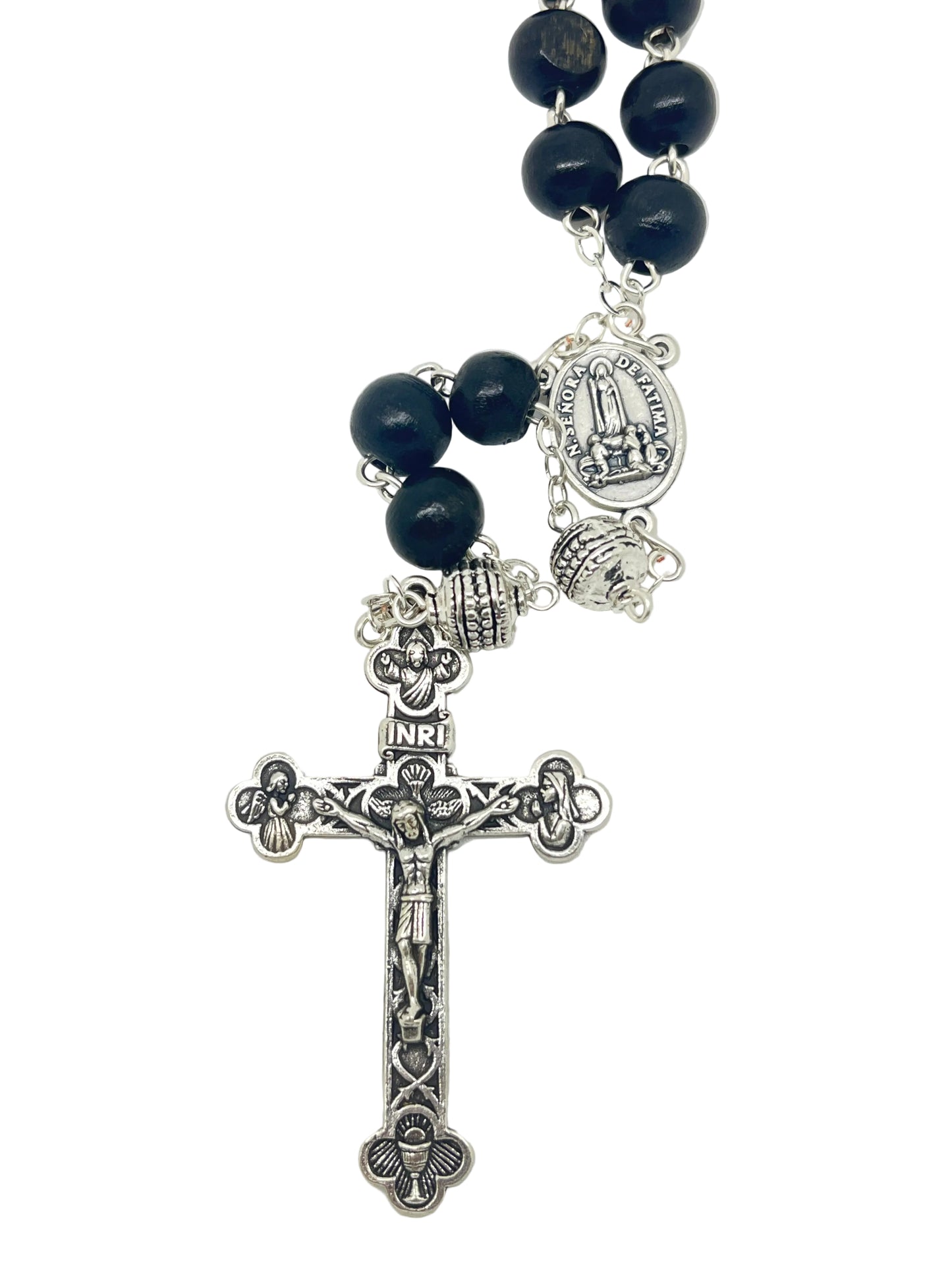 Silver Accented Black Fatima Wood Rosary