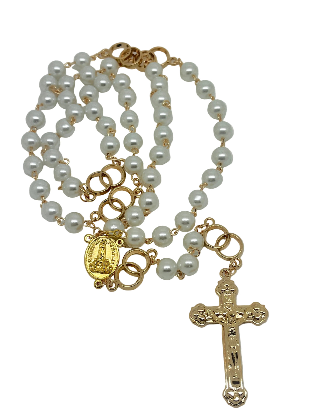 Wedding Rosary White Pearls and Gold Rings