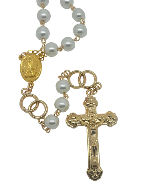 Wedding Rosary White Pearls and Gold Rings