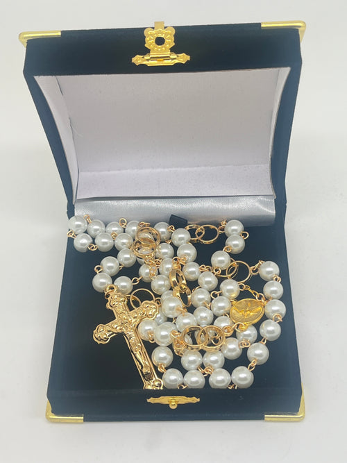 Wedding Rosary White Pearls and Gold Rings