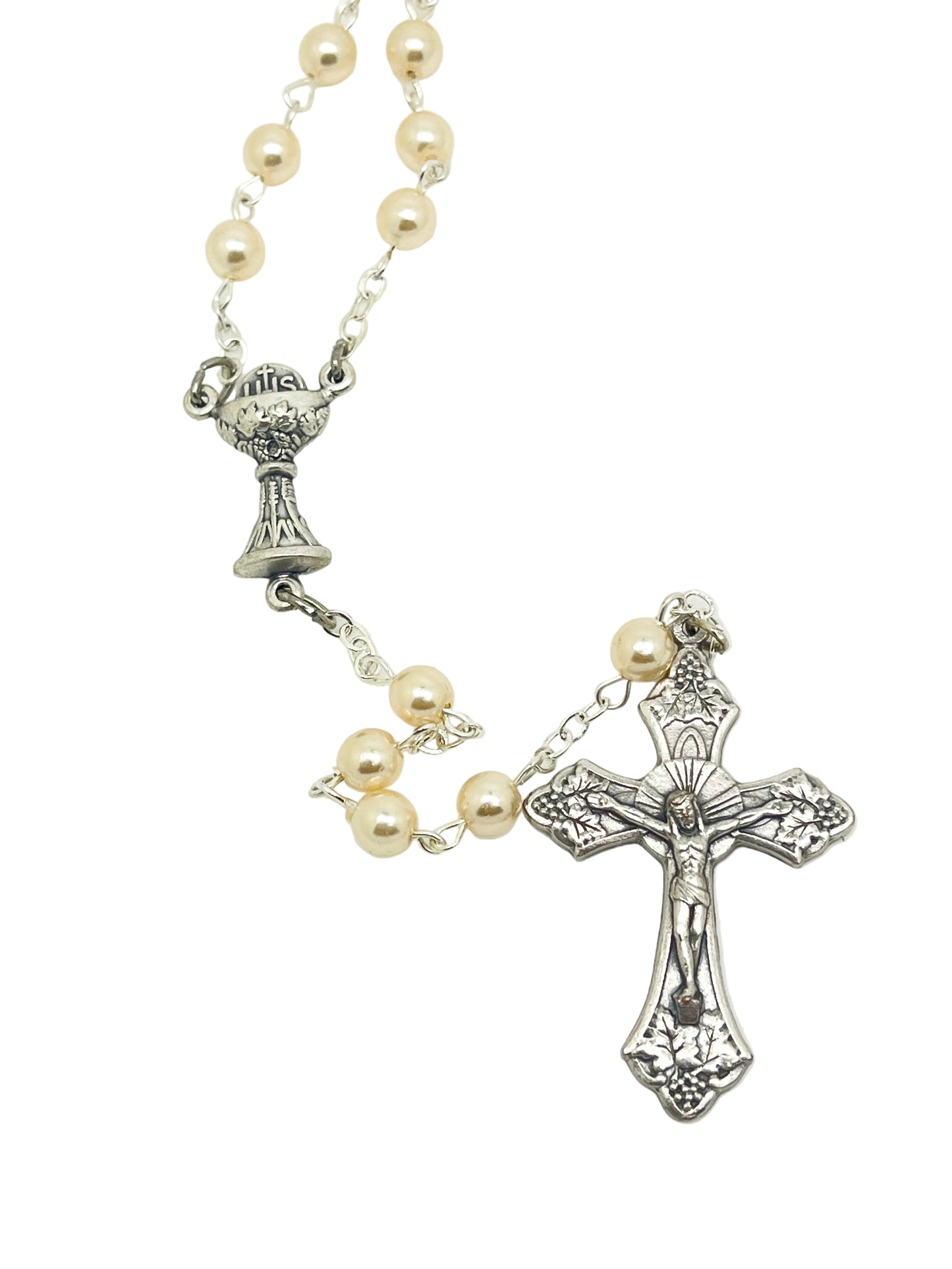 First Communion Pearl Rosary with Chalice Center Piece (5MM)