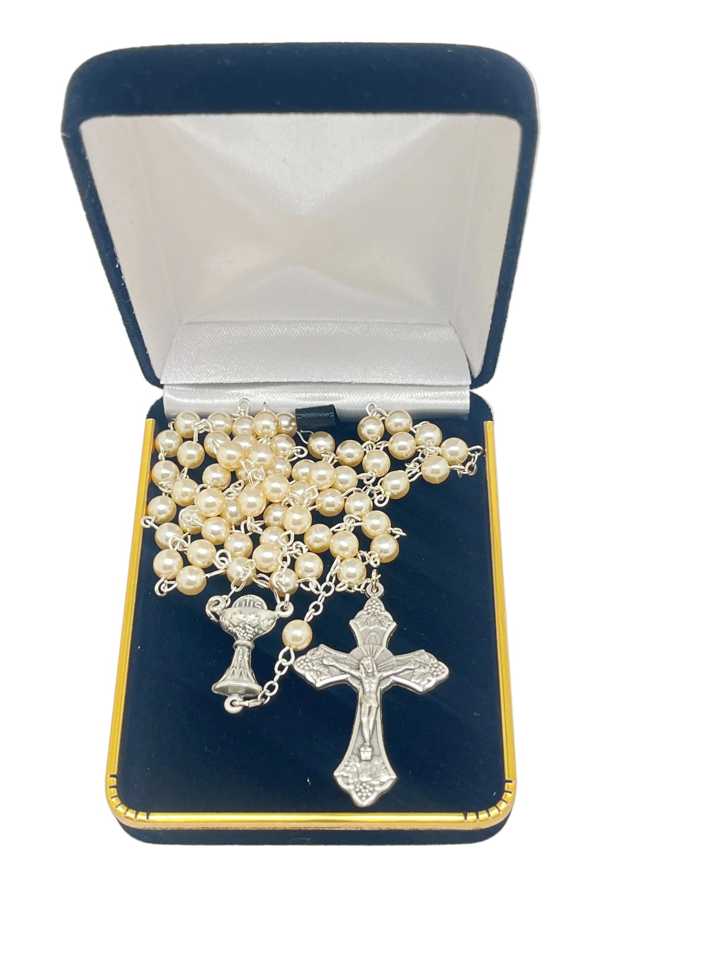 First Communion Pearl Rosary with Chalice Center Piece (5MM)