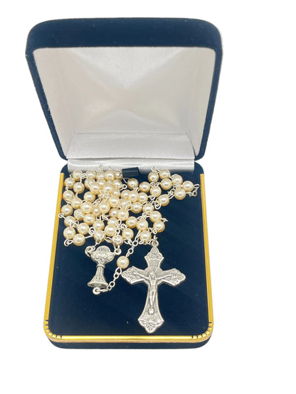First Communion Pearl Rosary with Chalice Center Piece (5MM)