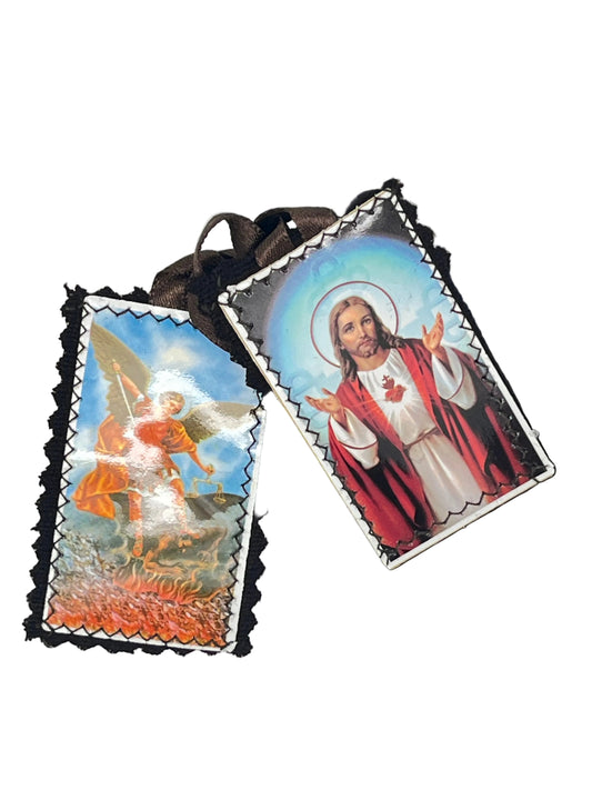 St. Michael and The Sacred Heart Brown Scapular 3"