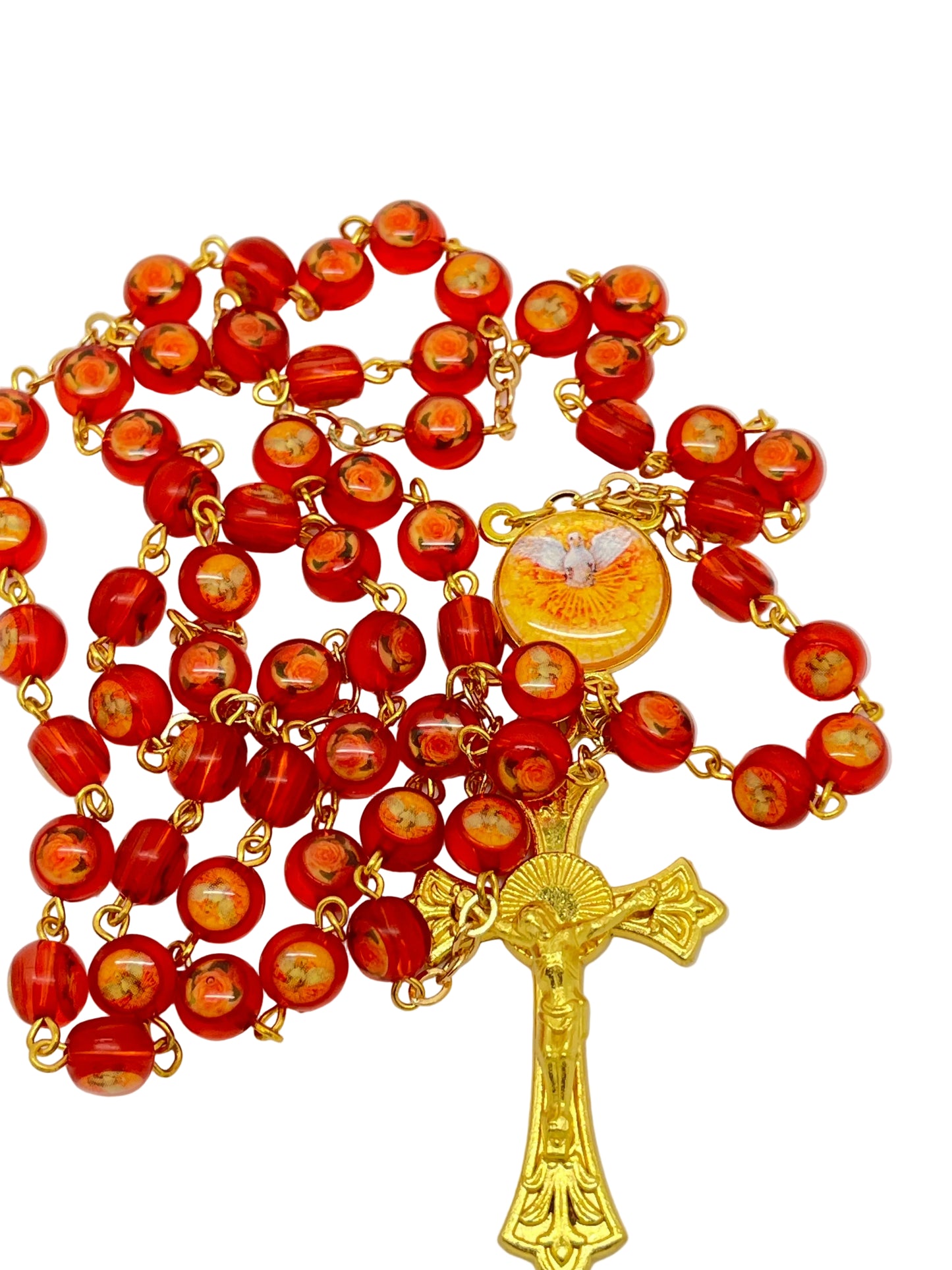 Red Enamel Holy Spirit and Roses Confirmation Rosary
